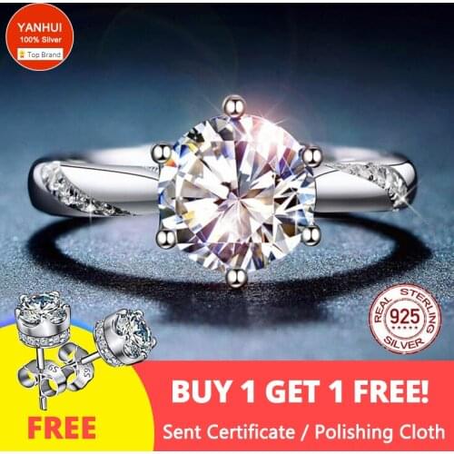 With Certificate Luxury White Gold 925 Silver Ring 2ct Zirconia Diamond Wedding Band Women Anniversary Gift (Free Sent Earrings)