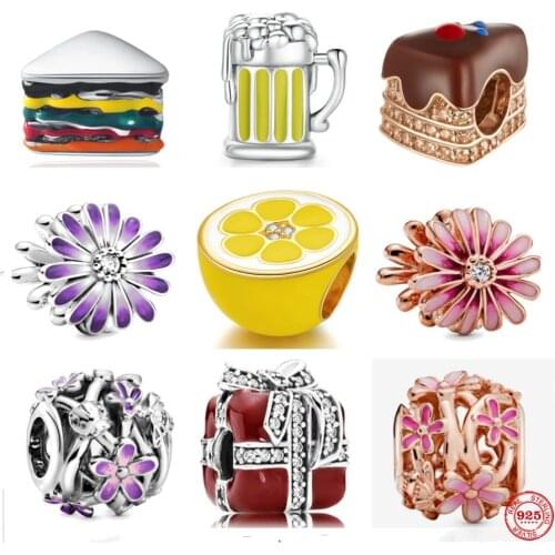 925 Silver Flower Cake Sandwich Beer Gift Fit Pandora Original Bracelet Charm Beads For Women DIY Jewelry