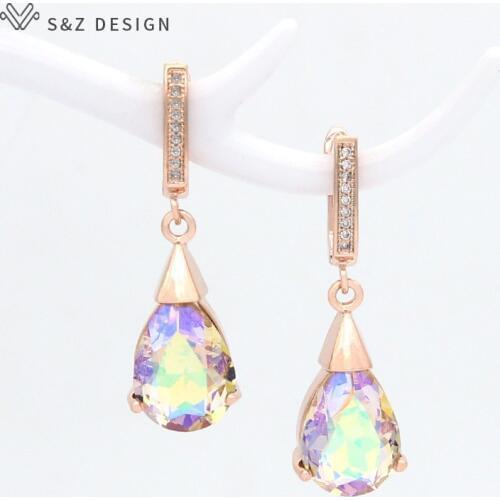 S&Z DESIGN Korean Fashion Colorful Water Drop Crystal Dangle Earrings 585 Rose Gold For Women Girlfriend Jewelry Lover Gift
