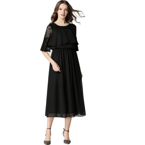 Spring Summer 2021New Fashion Chiffon Skirt Splicing Horn Short Sleeves Big Swing Round Collar Light Ripe Style Black Lace Dress