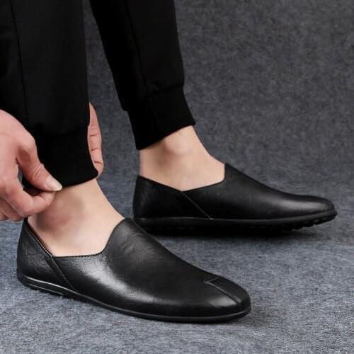 New Men Leather Shoes Casual Breathable Slip-on Mens Loafers Black Business Shoes Soft Driving Shoes Big Size Summer Men Shoes