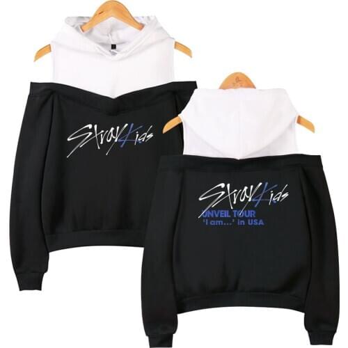 Stray Kids Kpop Off Shoulder Hoodies Women Fashion Long Sleeve Hooded Sweatshirts 2019 Hot Sale Casual Trendy Streetwear Clothes