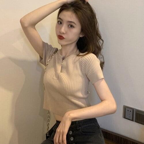 Knitted Short Sleeve Shirt Women Tops Solid Korea Summer T-shirt Thin V-Neck Knit Female Tee Shirt Casual T Shirt