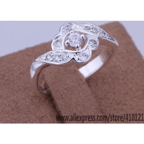 R156 Lucky Charm Silver Color Rings For Women Fashion Jewelry Wholesale Women Accessorie Fashion Inlaid Stone Love Flowers Rings