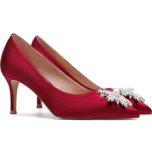 Women Bridal Wedding Shoes Faux Silk Satin RhinestoneHeel Crystal Shallow Woman Pumps Stiletto 2021 Spring and Autumn High Heels