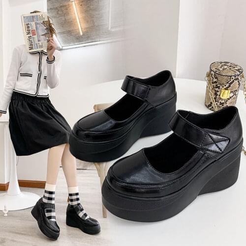 Wedge heel thick-soled round black high-heeled high-heeled shoes female students Korean womens shoes 2021 new