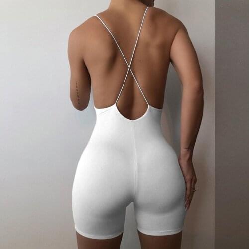 CHRONSTYLE Casual Criss-cross Jumpsuits Summer Solid Sleeveless V Neck Backless Lace Up Romper Playsuits Women Fitness Overalls
