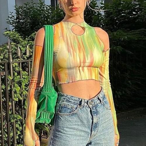 SEASONS 2021 Women Tie Dye Print Long Sleeves Hollow Out Navel Bodycon Sexy Tank Summer Party Elegant Club Slim Robe ASTS83501