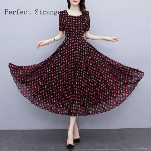 High Quality 2021 Summer Dress For Women Square Collar Dots Printed Short Sleeve Women Chiffon Long Dress