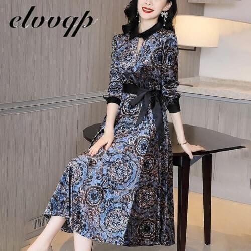 Gold Velvet Print Dress Women Autumn 2020 New Elegant Slim Printed Maxi Vestidos Mom Plus Size Long Sleeve Evening Party Dress