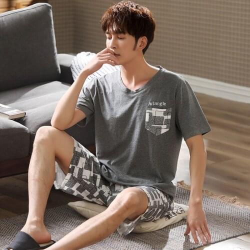 2020 Summer Short Sleeve Cotton Pajama Sets for Men Print Sleepwear Suit Male Pyjamas Homewear Pijama Hombre Lounge Wear Clothes