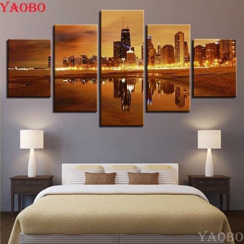 5pcs,Diy diamond painting cross stitch City Building Night View Of The Beach mosaic round/square drill full diamond embroidery