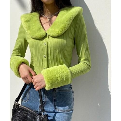 Adogirl Thin Furry Knitted Cardigan Sweater Women With Fur Trim Collar Long Sleeve Jumper Ladies Patchwork Knitwear Streetwear