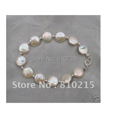 Wholesale White Genuine Freshwater Coin Pearl Bracelet AA 13-14MM 7.5inch Fashion Pearl Jewelry Party Gift New Free Shipping
