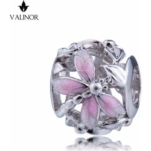 Pink dragonfly style beads 925 Sterling Silver beads charms fit Bracelets Never change color DDBJ018-F