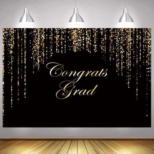 Black Gold Class of 2021 Graduation Backdrop Balloon Happy Grad Party Decoration Photography Backgrounds Banner
