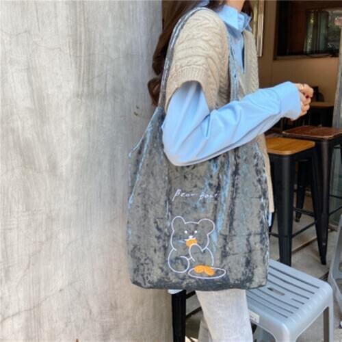 Ladies Large-capacity Shopping Retro Fashion Imitation Lambskin Shoulder Bag Lamb Winter New Design Ice velvet Embroidered Tote