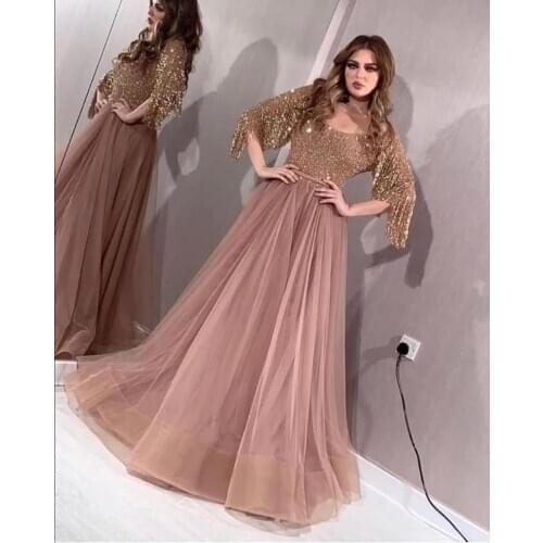 Dubai Arabic Evening Dress 2020 Luxury A-Line Half Sleeves Beaded Tassels Tulle Floor Length Long Formal Prom Gowns