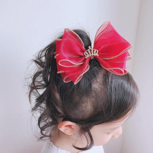 Fairy Gold Trim Mesh Girls Hair Clips Rhinestone Crown on Hair Bows Birthday Party Dance Hairpin Dance Barrettes Kid Accessories