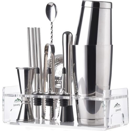 Greenhill Premium Barware Set, 15 Pieces including Shaker, Jigger, Ice Tong, Strainer, Pourer, Muddler, Straw, Spoon & Holder