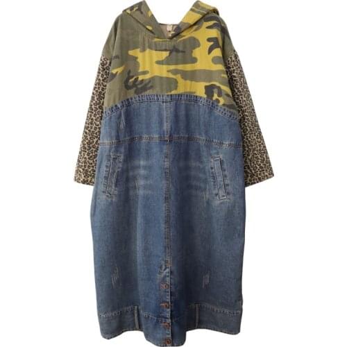 Camouflage Patchwork Denim Dress Plus sizes Hooded cowboy Dress Women Maxi Baggy Jean Dress Boyfriend Long sleeves loose dresses