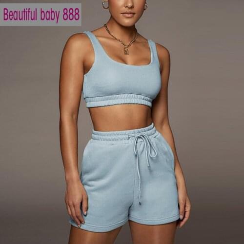 Meqeiss Casual Solid Sportswear 2 Two Piece Sets Women 2021 Crop Top Drawstring Shorts Matching Suits Summer Athleisure Outfits