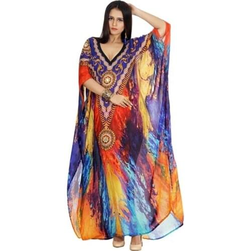 Red Phoenix Designer Kaftan Party Maxi Dress Womens Oversized BatWing Sleeve Loose Caftan Feathers Print Long Tunic Bohemia Gown