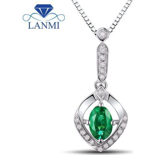 Oval 4x6mm Gemstone Good Quality Wholesale Emerald Diamond Pendant In Solid 18K White Gold Fine Jewelry For Birthday Gift WP054