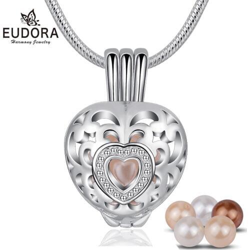 Eudora copper Heart Cage locket Pendant Wish Pearl Necklace DIY Jewelry with 24inch Snake Chain for teen girl friend K329