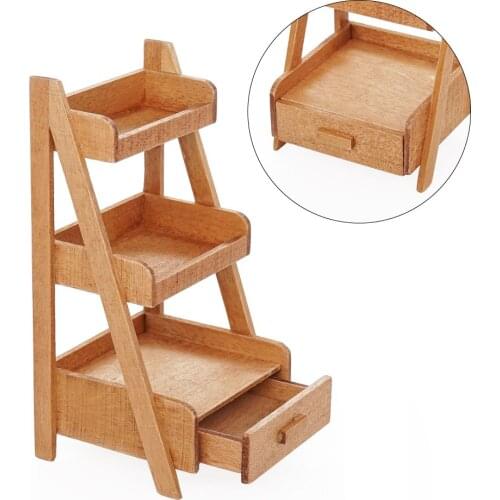 Odoria 1:12 Miniature 3-Tire Wood Ladder Shelf Storage with Drawer Dollhouse Furniture Accessories