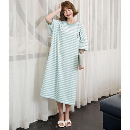 Ladies Loose Cotton Night Dress Helf Sleeve Nighties O-neck Nightgown Oversized Nightdress Striped Sleepwear Nightwear For Women