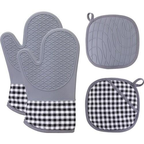 New Cotton Silicone Thicken Heat Insulation Glove Set Kitchen Baking Oven Glove Grill Heat Resistant Gloves Dinnerware Mats