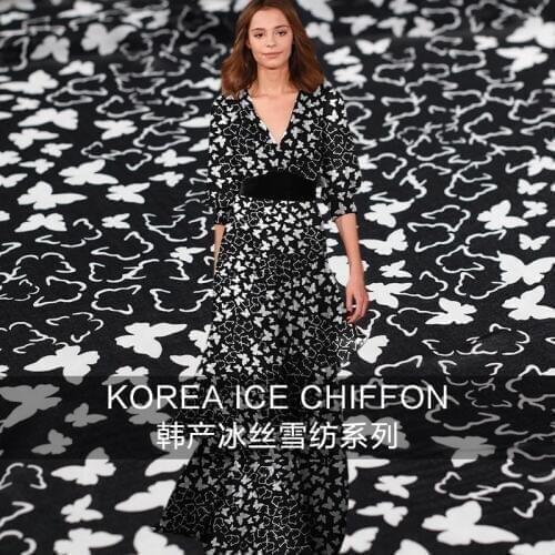 Pearlsilk Black White butterfly Digital Printing chiffon 100%polyester imitated silk Georgette summer dress DIY fabrics Freeship
