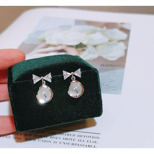Romantic Female Earrings Elegant Wedding Bling Zircon Crystal Bowknot Earrings For Women Cute Opal Ball Dangle Drop Earrings