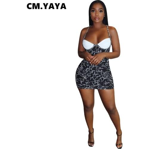 CM.YAYA Women Mini Dress Print Sleeveless Strap V-neck Stretchy Skinny Bodycon Dresses Sexy Night Club Party Vestidos Summer