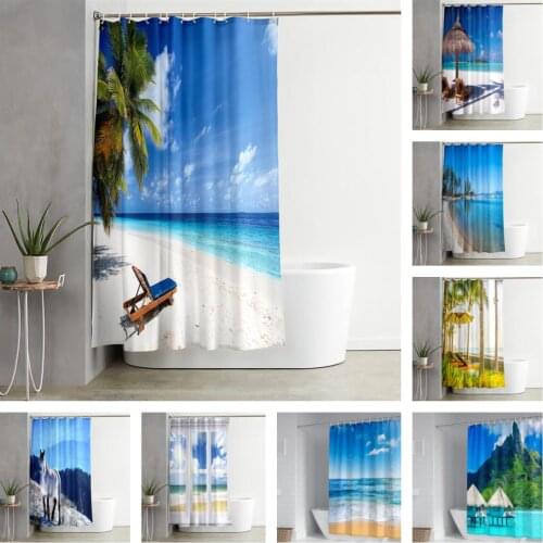 3D Printing Beach Scenery Realistic Printing Bath Curtain Waterproof Fabric Machine Washable Bathroom Curtain Hook Accessories