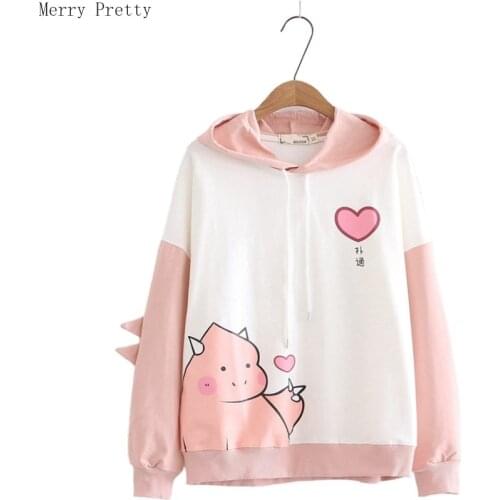Women Cartoon Dinosaur Print Funny Hoodies Sweatshirts With Horns On Hooded Harajuku Cute Cotton Pullover Casual Loose Tracksuit