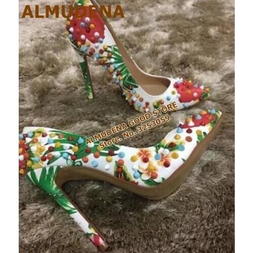 ALMUDENA Multi Rivets High Heel shoes Punk Colors Banana Leaf Red Flowers Printed Pumps Women Spikes Wedding Shoes 12cm 10cm 8cm