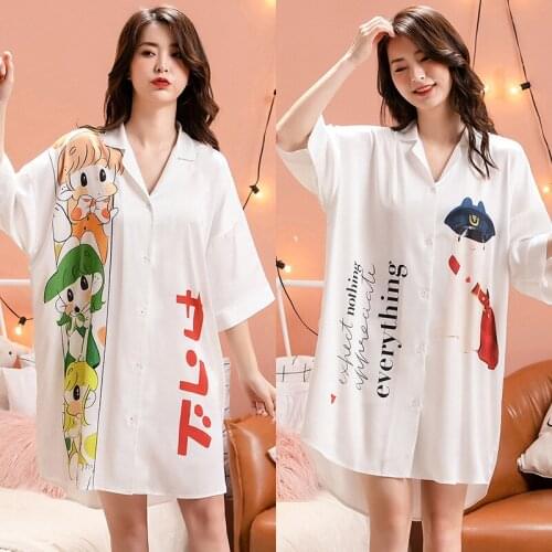 2021 New Fashion Trend Pajamas for Women Sexy Women Summer Satin Chiffon V-neck Large Shirt Skirt Printed Cartoon Nightdress