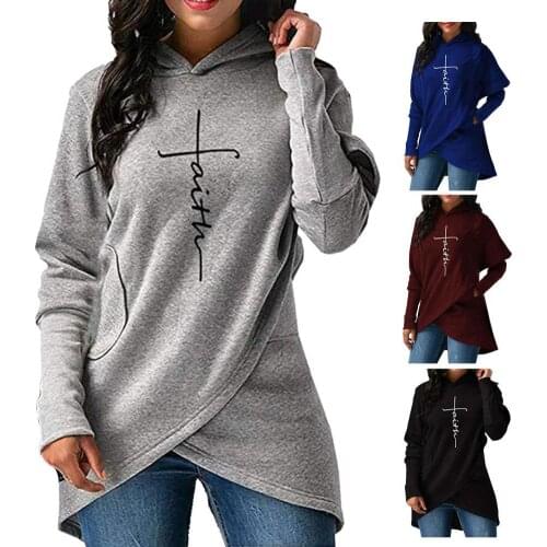 2021 new fashion Autumn Winter Women Irregular Hem Hoodie Sweatshirt Cross Embroidery Pullover