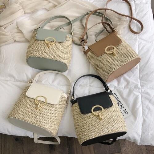 Women Vintage Beach Bucket Woven Straw Shoulder Flap Weaving Basket Beach Holiday Handbags Summer Basket Girls Totes Bag