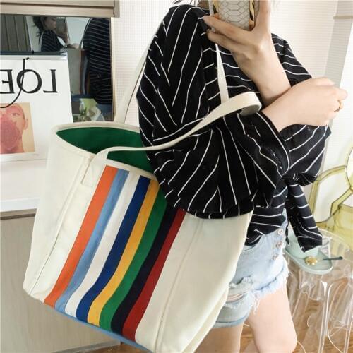 2020 Japan Korean Harajuku Style Color Stripes Girls Canvas Handbags Fashion Casual Big Capacity Womens Shopping Shoulder bags