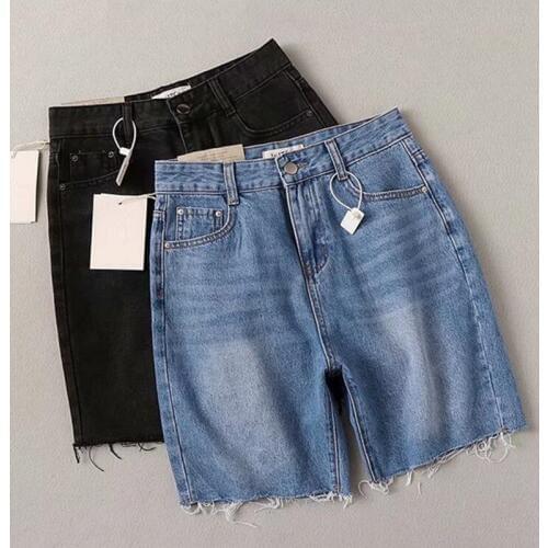 2019 High Street High Waist Hurr Hem Knee length Straight Denim Shorts Vintage Short Pants Sexy Summer Women Short Jeans