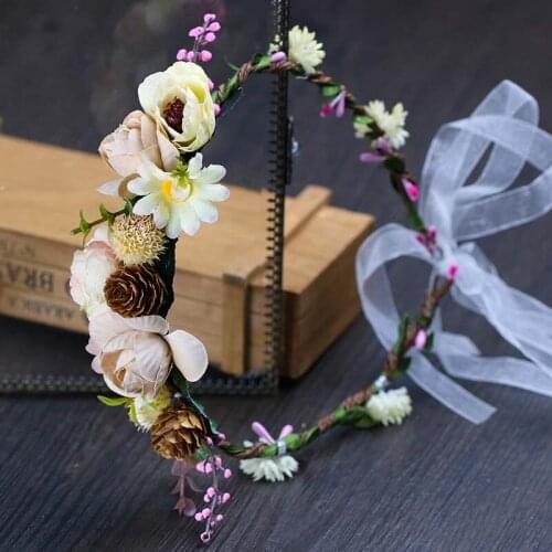 Floral Flower Garland Crown Headband For Women Ribbon Bridal Wedding Hairband Festival Holiday Party Supplies Hair Accessories