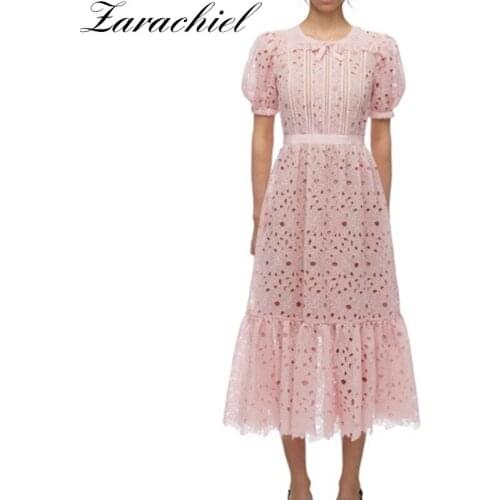 2021 High Quality Pink Lace Flower Dress Women Elegant Puff Sleeve O Neck Bow Hollow Out Sweet Floral Embroidery Party Vestidos