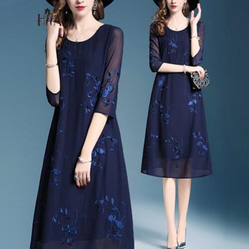 Woman summer knee-lenght chiffon dress women elegant dress and ladies dress O-Neck Vintage chiffon dress for women
