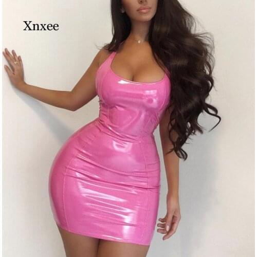Pu Leather Spaghetti Strap Square Collar Tight Pecil Mini Dress Slim Women Sexy Bodycon Party Short Club Sling Dresses Clothing
