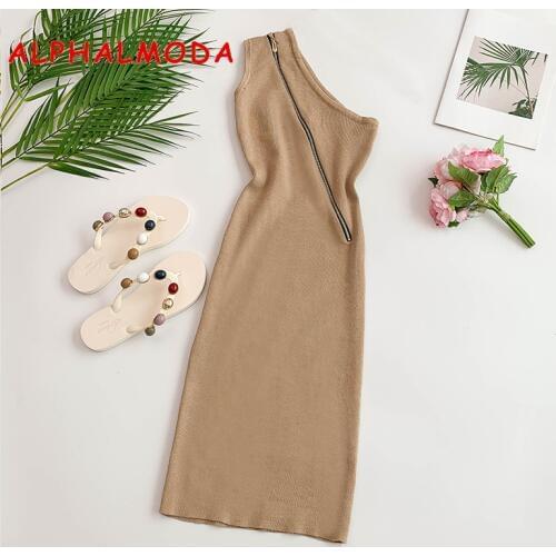 ALPHALMODA 2019 One-Shoulder oblique Zipper Women Summer Sexy Knit Dress Solid Color Bodycon Sheath Mini Vestidos for Summer