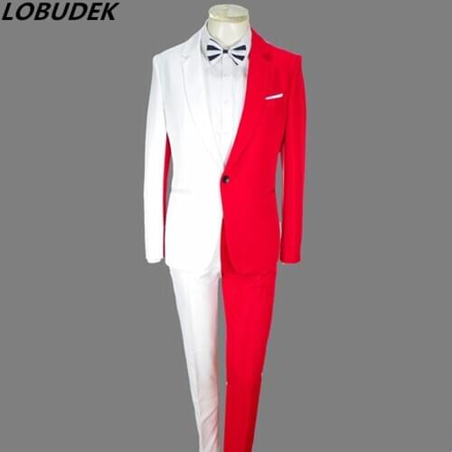 2019 Red White Splicing Mens Suits Jacket Trousers 2 Pieces Set Nightclub Magician Clown Performance Costume Host Stage Outfit