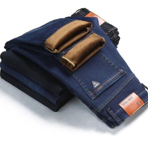 2021 Business Straight Thick Warm Denim Pants Stretch Black Blue Trousers 28-42 Brand Winter Mens Fleece Baggy Jeans